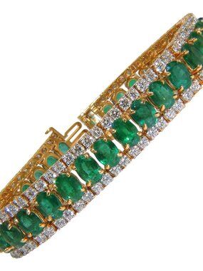 27.65CT NATURAL GREEN EMERALD DIAMOND BRACELET F/VS 14KT MULTIROW*
